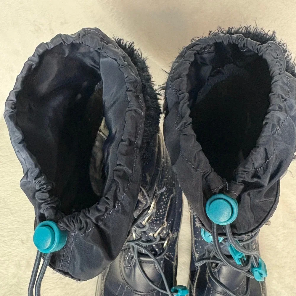 Lands'‎ End Kids Navy Blue Star Print Winter Snow Boots Fur Trim Warm Waterproof